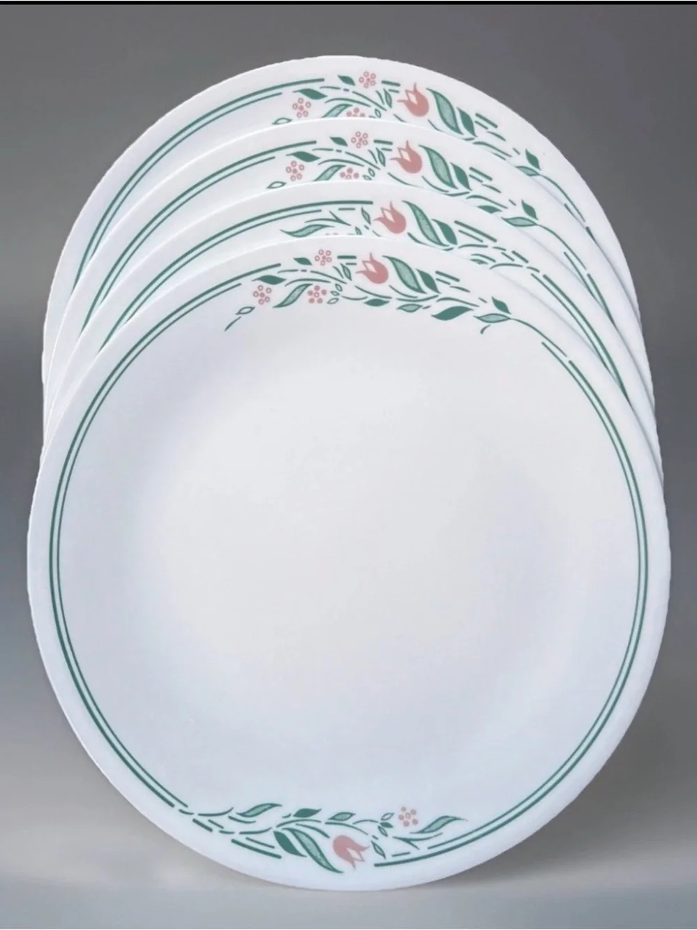 4 Corelle Dinner Plates Rosemarie Pink Tulips Green Rings  10.25
